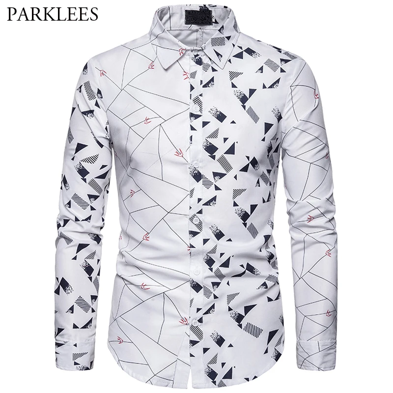 

Stitching Print Design White Shirt Men's Autumn Linen Geometric Pattern Line Long Sleeve Fashion Casual Slim Lapel Camisa Homme