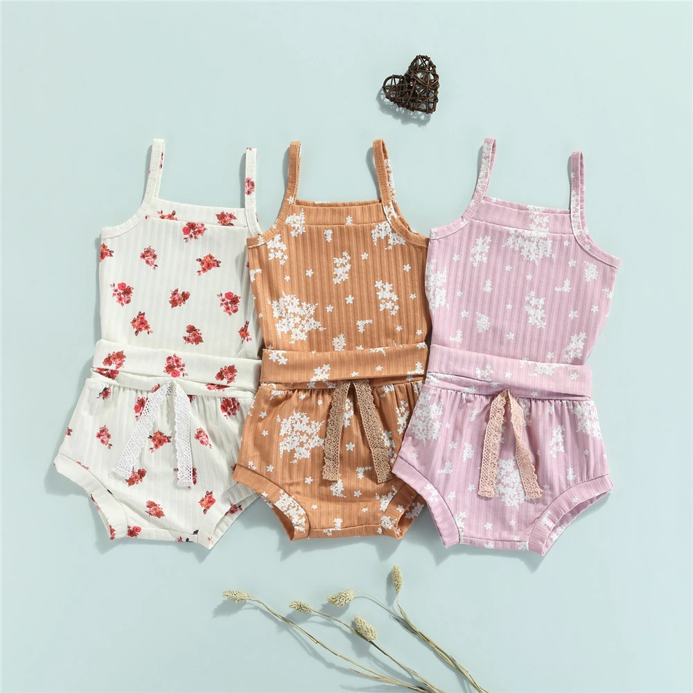 baby clothes mini set Baby Girl Clothing Set Summer Cute Floral Print Sleeveless Romper +Bow Triangle Shorts Outfits new baby clothing set	