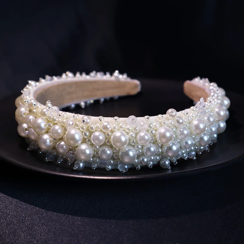 European and American Bride Pearl Headdress Celebrity Style Crystal Wide Hair Band Retro All-match Wedding Accessories