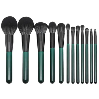 

Women Makeup Tools 12Pcs Dark Green Wooden Handle Makeup Brush Set Wool Fiber Brush Powder Foundation Convenience Portable