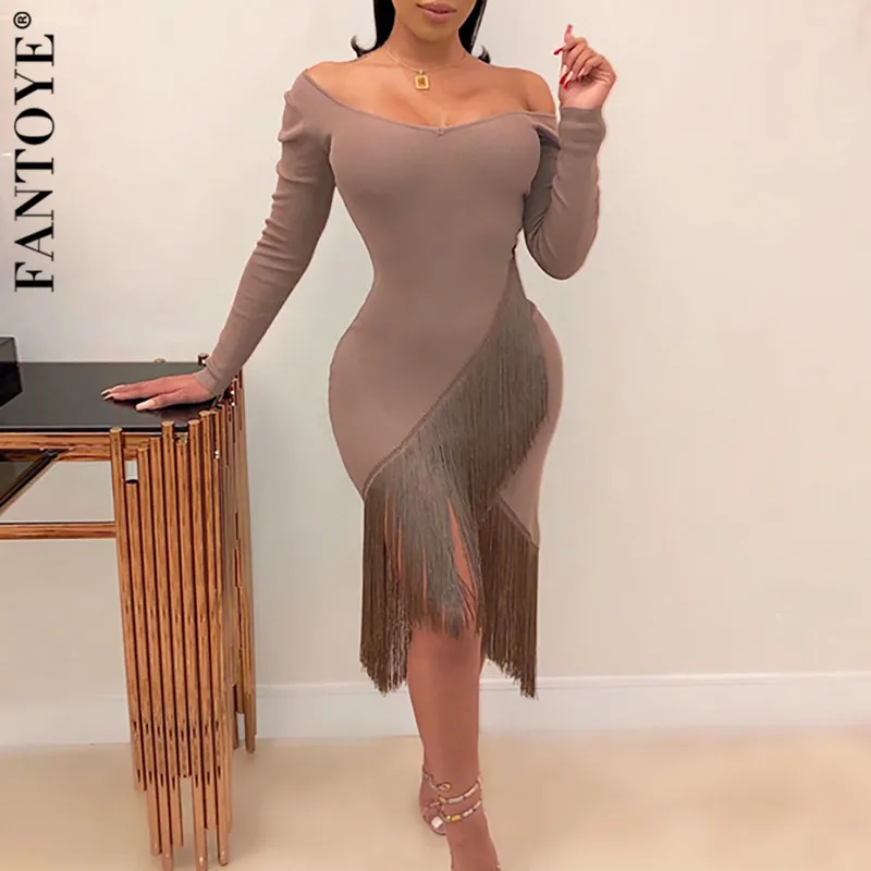 

FANTOYE Autumn Suede Tassel Bandage Dress Women Sexy Off-Shoulder Black Party Dress Ladies Midi Bodycon Warm Dresses Vestidos