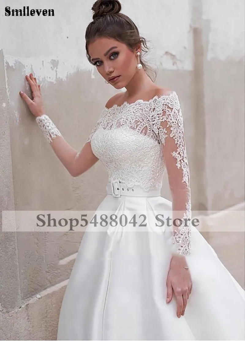 Smileven принцесса свадебные платья 2 шт. атласная линия Boho невесты платья кружева с длинным рукавом Vestido De Noiva