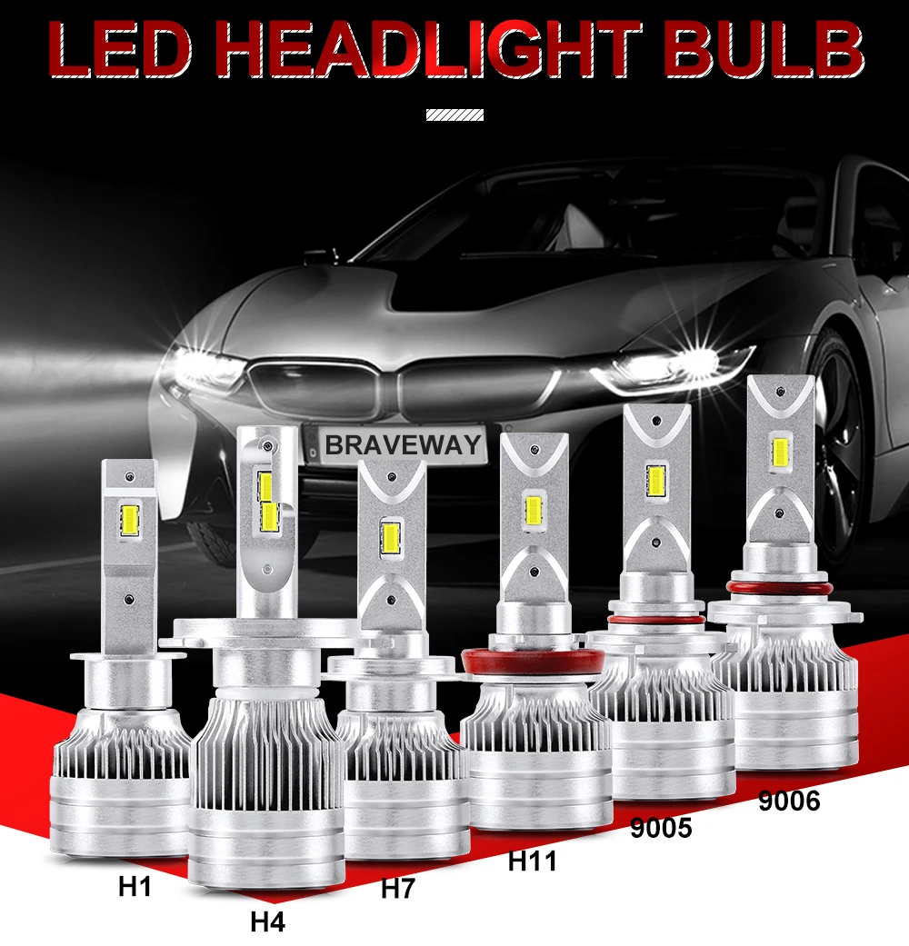 BraveWay H7 LED Car Headlight Bulbs H4 H8 H11 HB3 HB4 9005 9006 LED H7 Canbus H11 Bulb H1 LED Kit Auto Light for Motorcycle H4