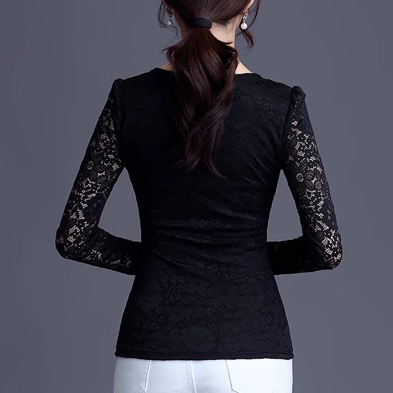 Blusas mujer de moad, осенняя блузка, женские топы, черные топы с длинным рукавом, кружевные женские топы с цветочной вышивкой, одежда размера плюс 6906 50