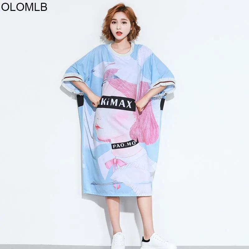 

2019 Summer Vogue Print Tee Plus Size Cartoon Painting Harajuku Fashion Dresses Tops 5XL Kawaii Boho Dress Cotton Women Shirt