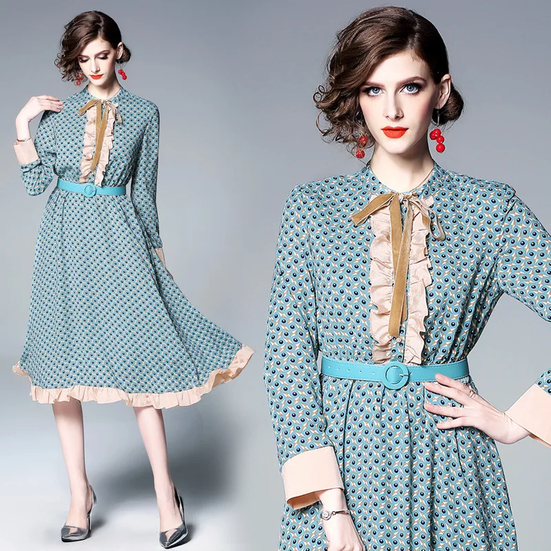 

2019 Spring And Summer New Style Hipster Palace Style Contrast Color Flounced Ribbon Mixed Colors Waist Hugging Big Hemline Chif