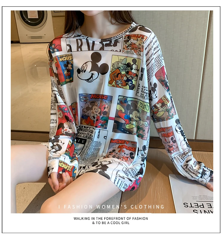 Disney 2021 Summer Famous Anime Mickey Mouse Brand Mesh Shirt Women Sun Protection Transparent Long Sleeve Blouse Ladies T-shirt