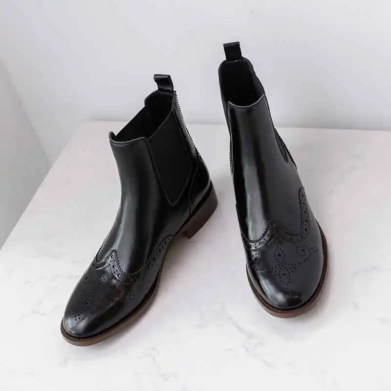 Krazing pot/Яркие ботинки «Челси» из натуральной кожи с круглым носком на толстом низком каблуке; теплые офисные Ботинки «Челси» с резным узором; L8f2