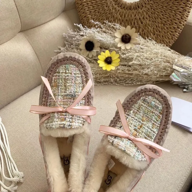 

2019 New Snow Boots Shallow Mouth Bean Shoes Baozi Stitching Sheepskin Leather Fur Shoes Warm Women's Snow Shoes High Quality