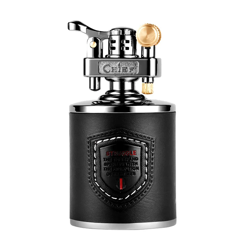Big Size Metal With Leather Gasoline Cigarette Lighter Grinding Wheel Metal lighter Inflatable Tobacco Kerosene Carving Lighter