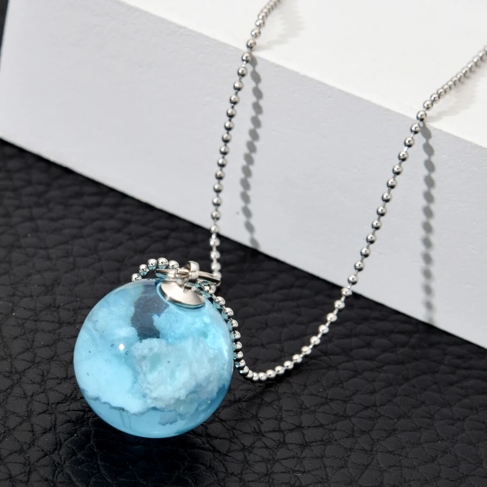Transparent Resin Round Ball Pendant Necklace Women Blue Sky White Cloud Silver Color Link Chain Fashion Jewelry | Украшения и