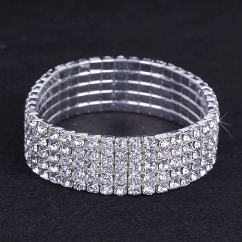 5 Rows Bridal Wedding Bangle Bracelet Silver Plated and Gold Color Round Dazzling Iridescent Rhinestone Stretch Bracelets | Украшения и