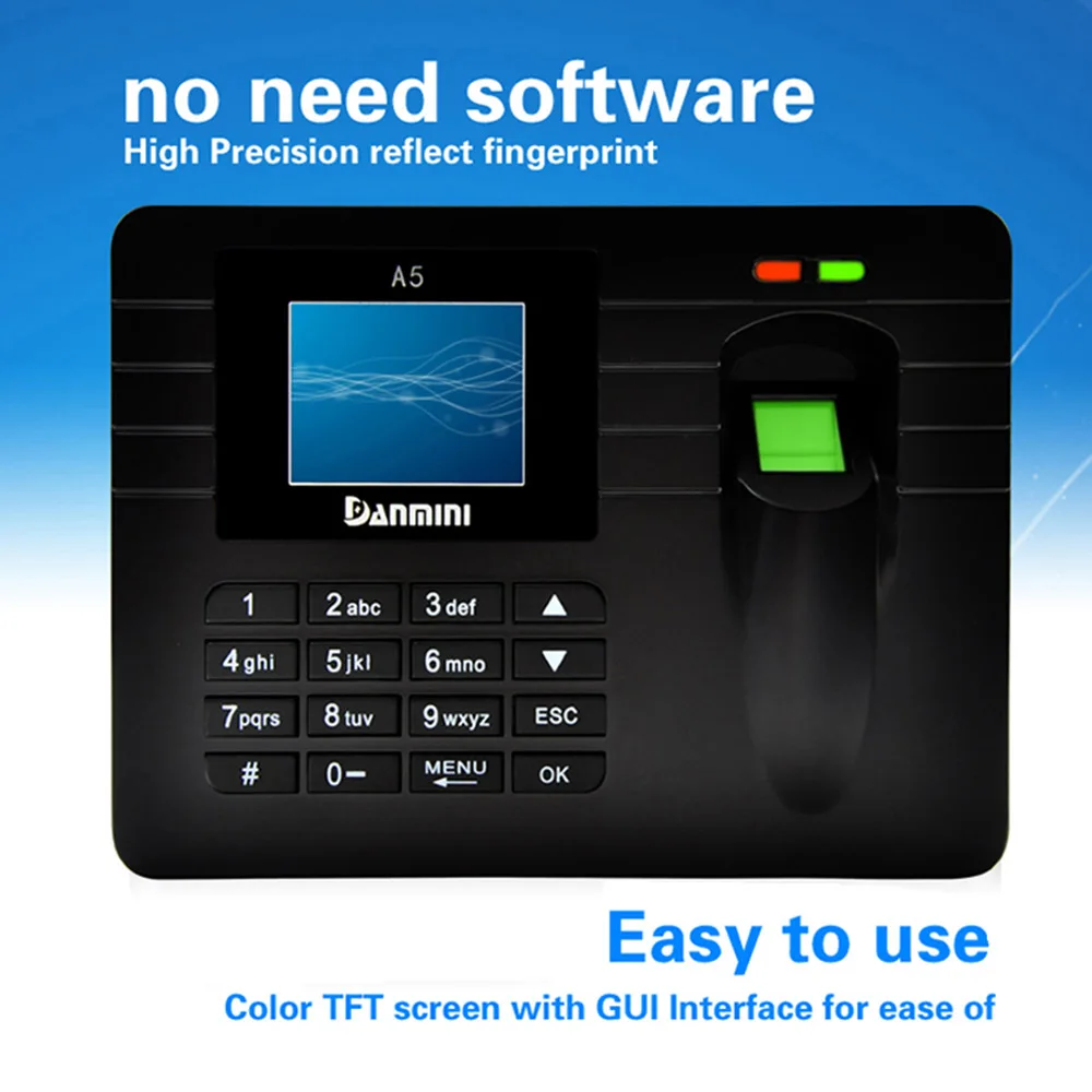 

2.4" TFT LCD Display Biometric Fingerprint Attendance Machine DC 5V/1A Time Clock Recorder Employee Checking-in Reader A5