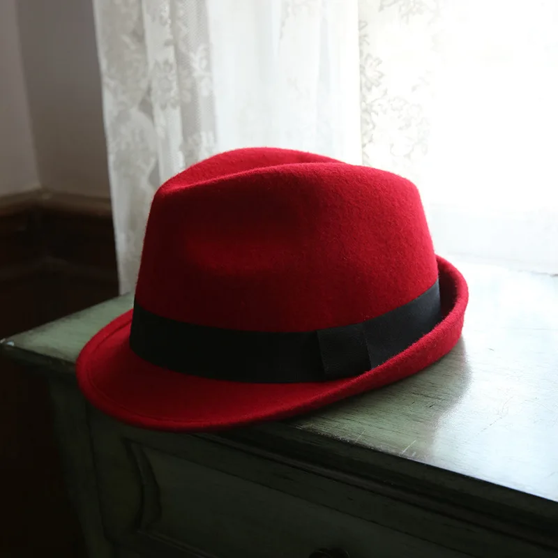 Ретро Красная Англия Fedoras Flanging Панамы австралийская шерсть Черный узкий джазования с полями шляпа осень/зима шляпы для женщин Повседневная одежда