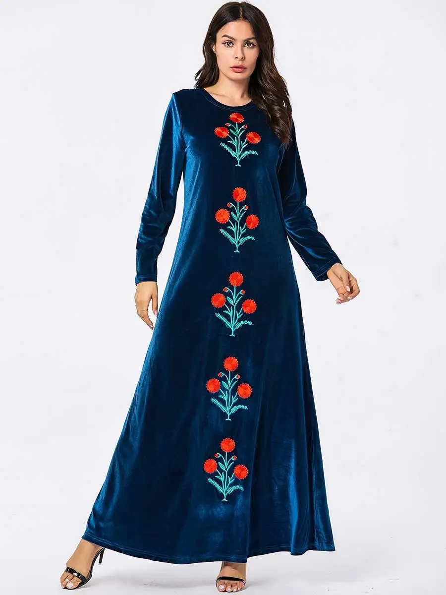 Abayas женское бархатное платье мусульманский Кафтан Дубай Халат длинный рукав вышивка свободный исламский джильбаб Vestidos Одежда Плюс Размер