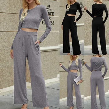 

Women Round Neck Long Sleeve Tracksuit Crop Top and Pants 2 Piece Set Casual Pajamas Set