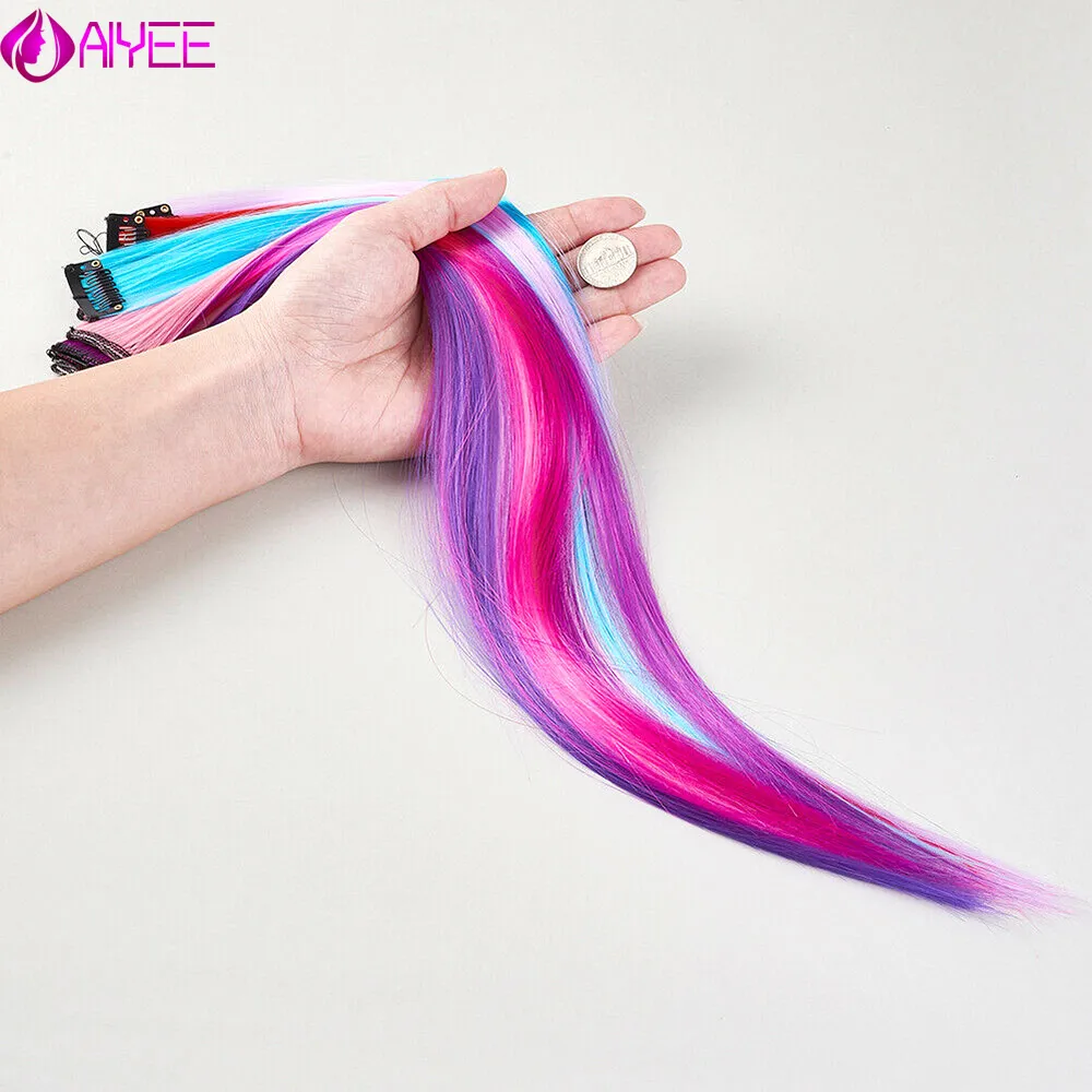 AIYEE Hair Extensions Pure RainBow Hairpiece Clip In Hair Piece Synthetic Long Straight Ombre Pink Red Rainbow Hair Piece