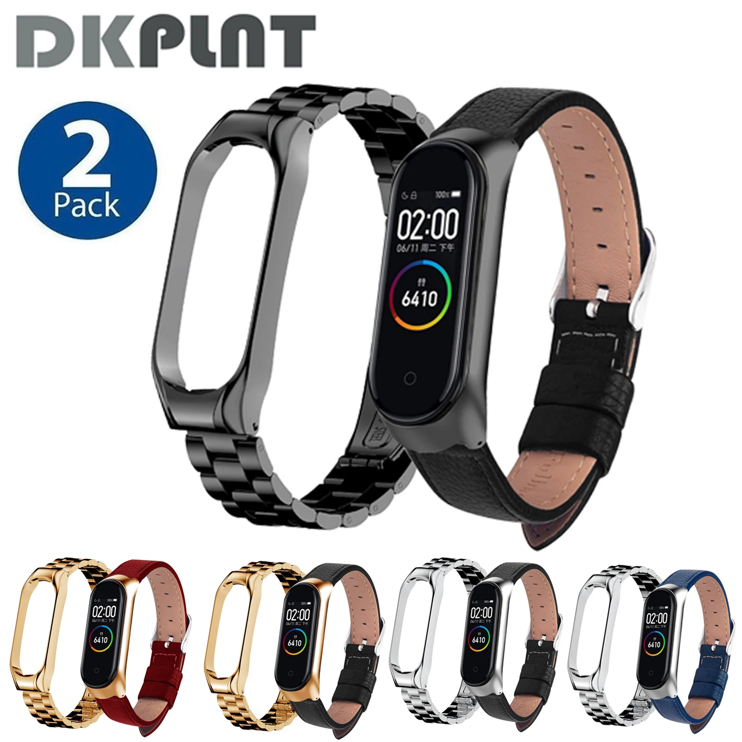 Mi Band 4/5 Strap 2 Pack Metal Stainless Steel & Leather Watch Bracelet
