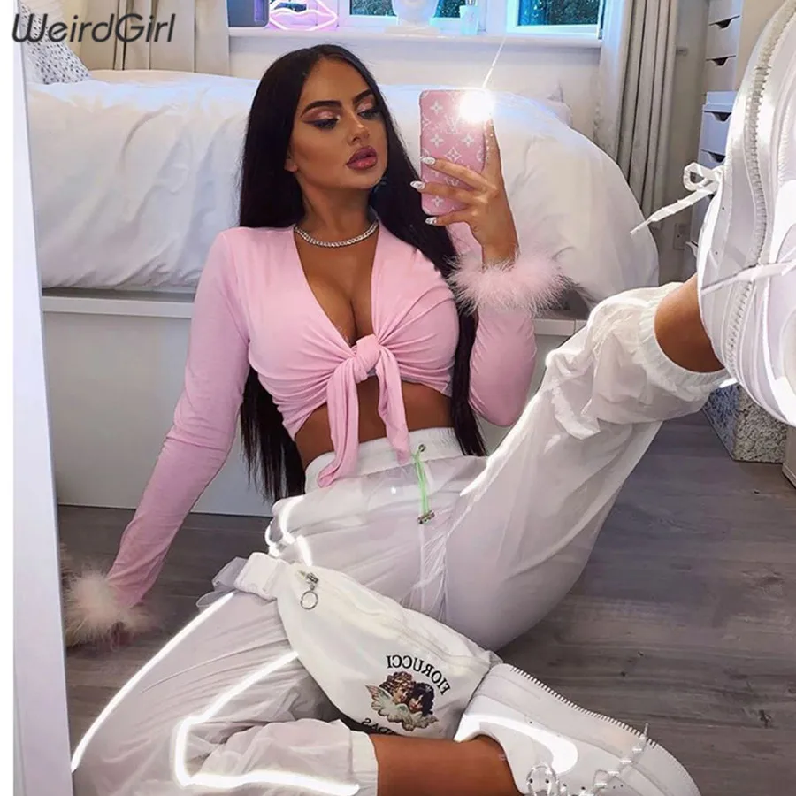 Weirdgirl, женские сексуальные футболки с глубоким v-образным вырезом и длинным рукавом, розовые милые короткие футболки для девочек, облегающие Женские топы с бантом-бабочкой, уличная одежда