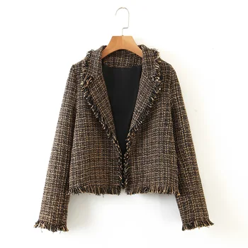 

Vintage Female Blazers Elegant Wild Classic Plaid Short Suit Jacket Ladies None Button Full Sleeve Casual Blazer 2020 Autumn New