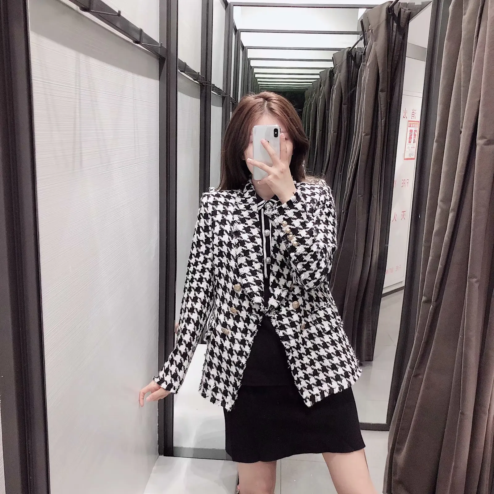 Autumn Clothing Western Style New Style WOMEN'S Dress Western Style Suit Black And White Lattices Thousands of Birds CHIC Coat