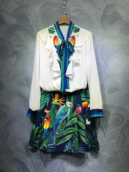 

2020 Spring Summer NEW Bowknot Ruffled Chiffon Blouse and Beaded Bird Flower Prints Skirt One Set