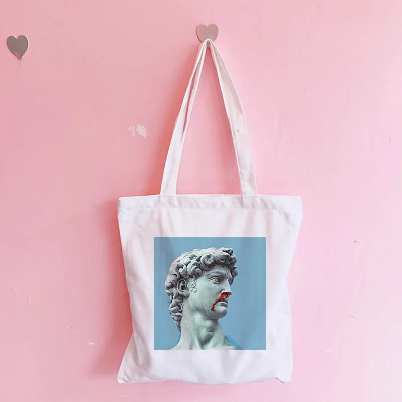 

Canvas Tote Shopping Bag White Female David Cartoon Vintage Print Interesting Diagonal Cross Bag Hip Hop Japanese Shoulder Bags