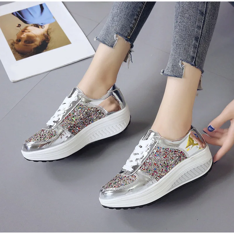 Women's Bling Lace Up Flat Platform Vulcanize Shoes Woman Mix Color Sneakers Female Causal Mirror Rocking Shoes Ladies Fashion