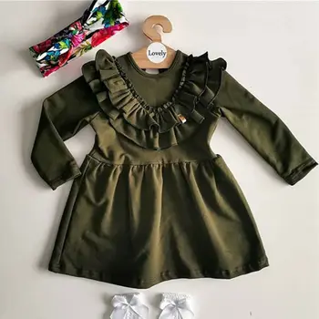 

Toddler Kid Baby Girls Casual Dresses Solid Ruffle Long Seeve Dress Outfit Sundress Headband Cute Grils Dress