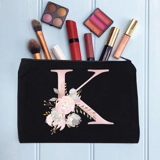 Women's Cosmetic Makeup Bags Female Organizer Pink Flower 26 Letters School Pencil Cases Carrying Bag for Coin Purse pink flower K