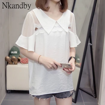 

Plus Size Lace Trime Patchwork Top Blouse Women 2020 Summer Fashion Peter Pan Collar Ruffles Short Sleeve Oversize Ladies Shirts