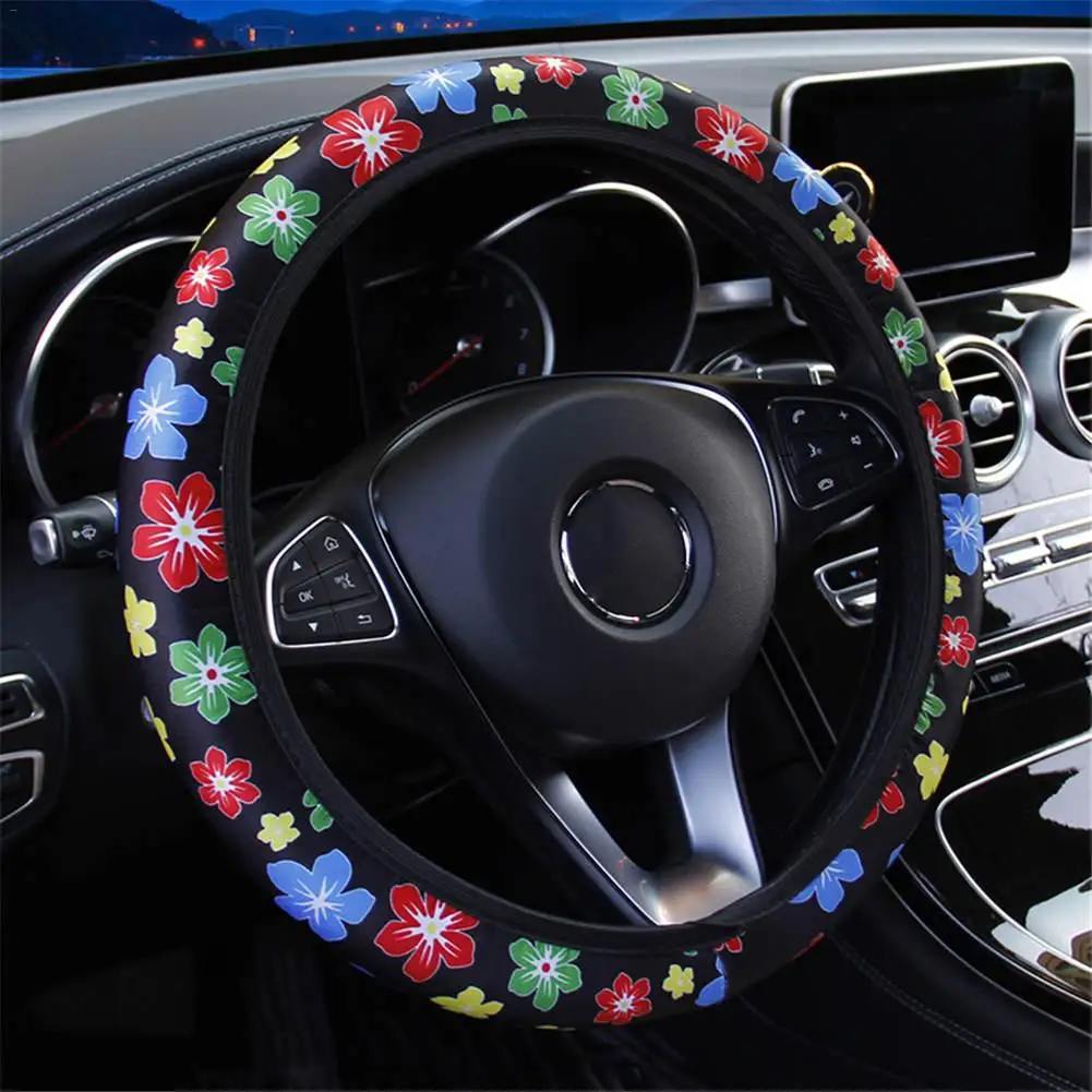 Чехол рулевого колеса автомобиля Skidproof авто чехол рулевого колеса Противоскользящий Универсальный цветочный принт шелковая ткань автомобиль-Стайлинг