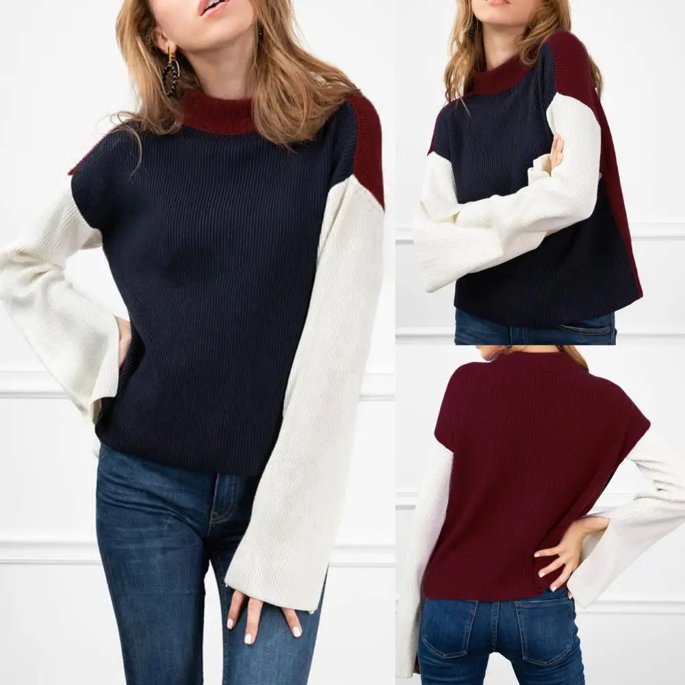 Sweater women Fashion Winter Women Sweater Top Color Block Ribbed Long Sleeve Sweater Knitted Pullover
