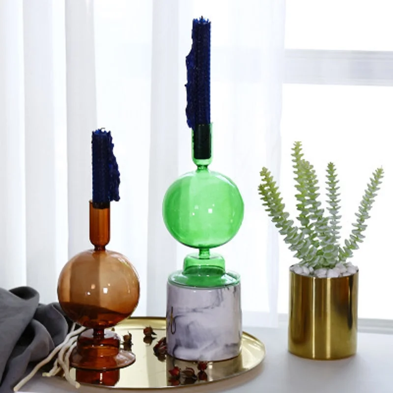 

Nordic Handmade Two In One Retro Dark Green Morandi Color Glass Candlestick Room Decoration Rod Wax Candle Holder Glass Vase