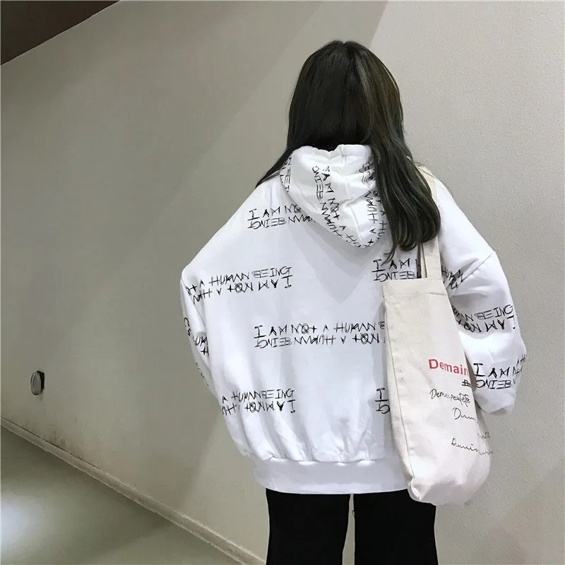  Autumn Winter Women's Sweatshirt Harajuku Letter Printing BF Long Sleeve Loose White Black Casual P