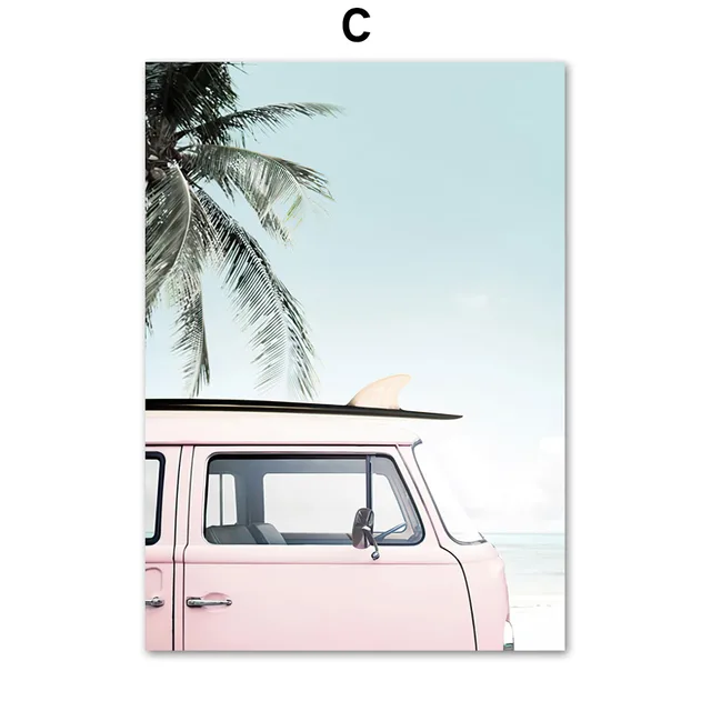 Beach Surf Girl Surfboards Van Palm Leaf Turtle Nordic Poster Wall Art Print Canvas Painting Wall Pictures For Living Room Decor C