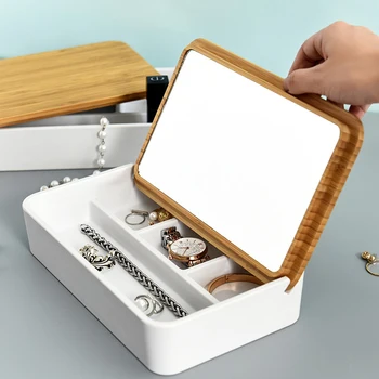 

Makeup Organizer Plastic Storage Box With Mirror Travel Jewelry Storage Case Accessories Cosmetic Drawer Bamboo Container