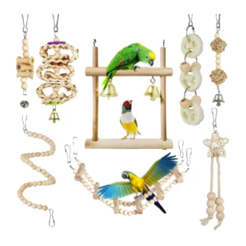 

Practical 8 Pcs Set Bird Parrot Swing Chewing Toys-Natural Wood Bird Climbing Hanging Cage Toys Suitable for Small Parakeets Coc