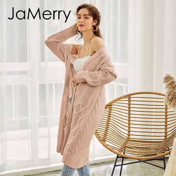 

JaMerry Casual crew neck knitted sweaters women Autumn winter long sleeve female long cardigan Resort style ladies sweater
