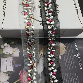 

2 Yards Handmade Sewing On Acrylic Rhinestones Beads Lace Trim Mesh Lace Trimming Ribbon White/Black For Wedding Dress Clothing