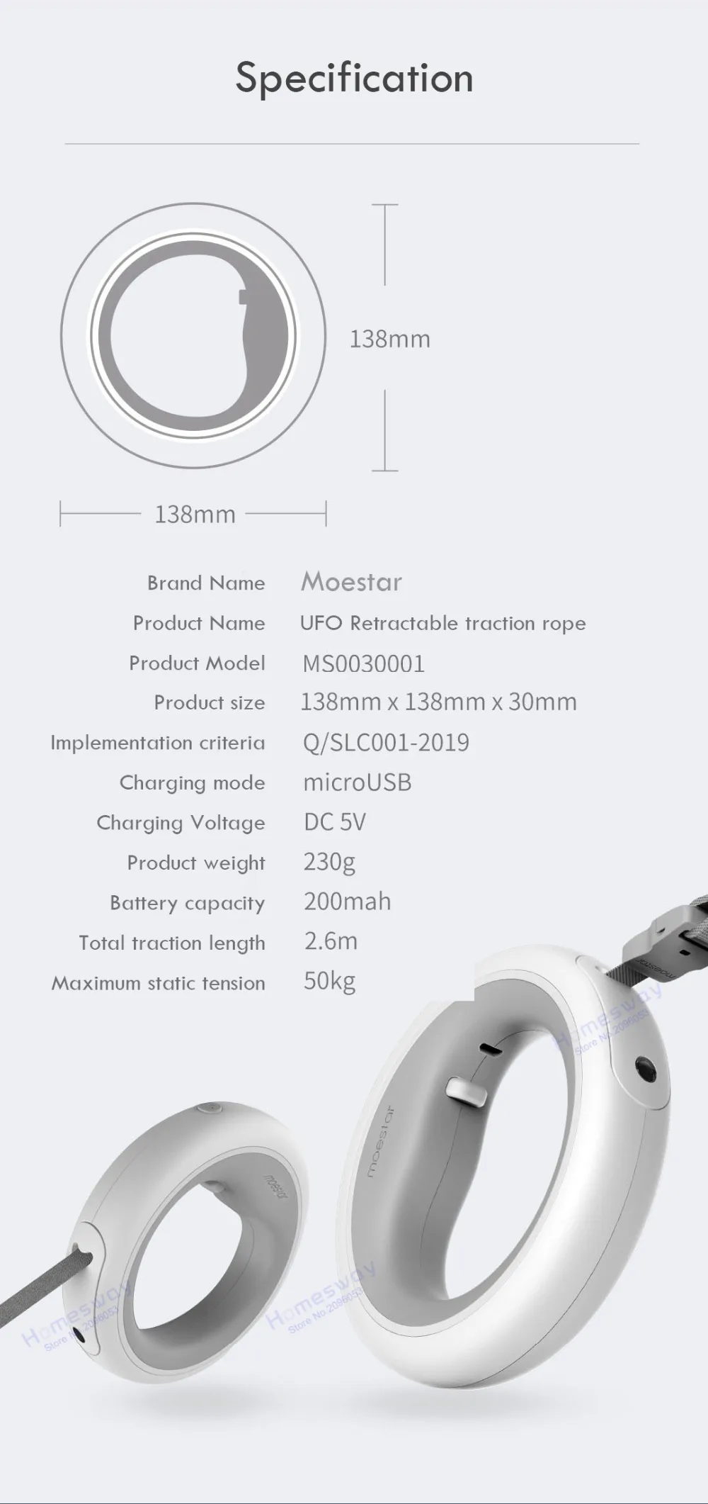 Xiaomi MOESTAR Выдвижной Поводок для собак Тяговый канат гибкое кольцо форма 2,6 м с перезаряжаемым светодиодный ночник