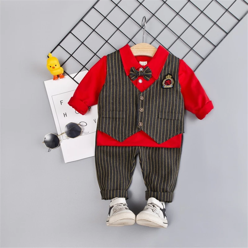 Комплект из 3 предметов, костюмы для мальчиков весенне-осенний костюм для мальчиков в британском стиле детский жилет с длинными рукавами в джентльменском стиле свадебная одежда для мальчиков - Цвет: Красный