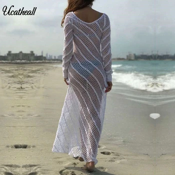 

Sexy Hollow Out Knitted Summer Beach Dress Crochet Women Beachwear Cover-ups Elegant Long Sleeve Split Dress Robe