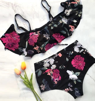 

IMANFive String Bikini 2019 New Arrival Floral Print Ruffles Bordered Bikini High Waist Sexy Swimsuit Swimwear Women Biquini