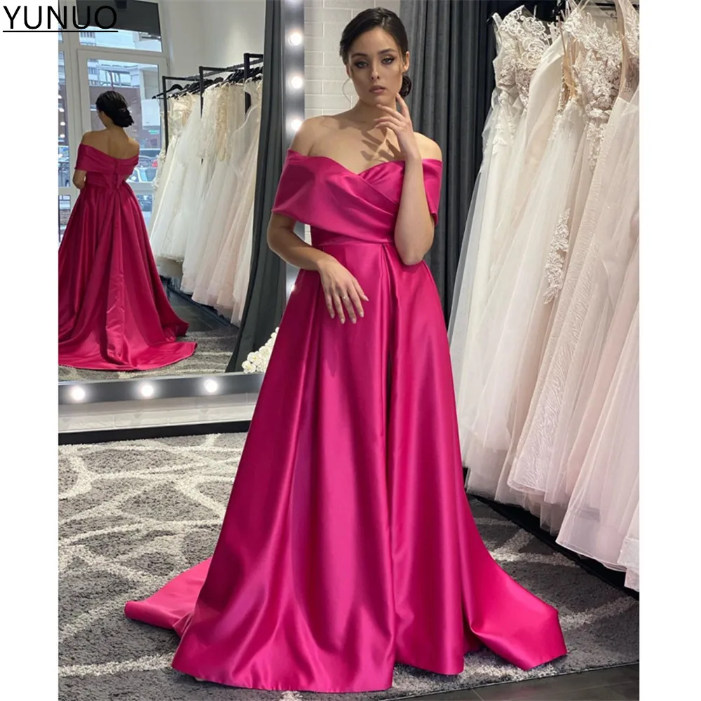 YUNUO 2022 Satin A-line Evening Dress Off The Shoulder Party Formal Gowns vestidos de noche Long Side Slit Women Prom Dresses evening maxi dresses Evening Dresses