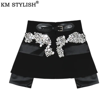 

Women's Skirt 2020 Summer New High-end Custom Rhinestone Beading High Street Personality Belt Decoration Irregular Black Skirt