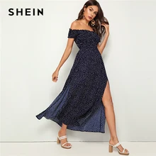 SHEIN темно-синее платье в горошек с открытыми плечами и оборкой, с оборками, с разрезом, платье в горошек, женское летнее платье с высокой талией в стиле бохо, Макси платья