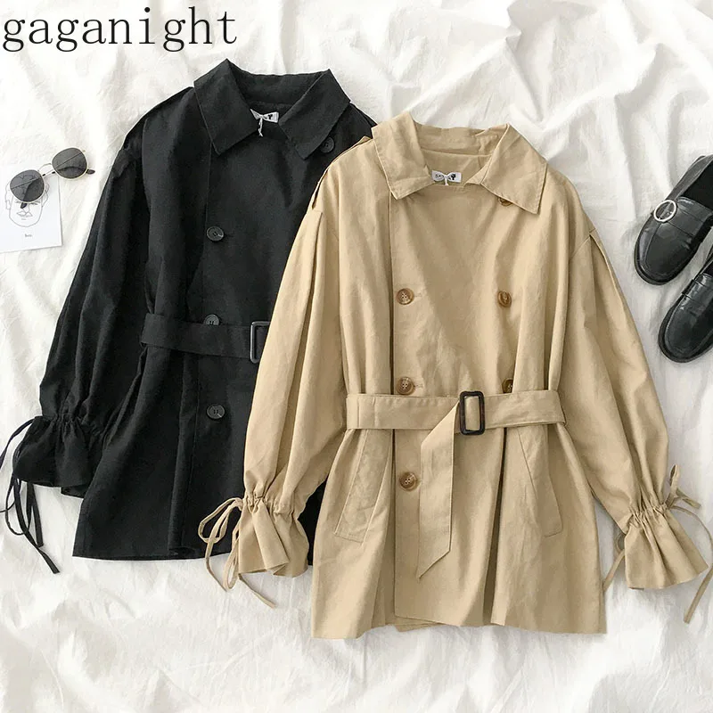 

Gaganight Elegant Solid Women Trench Ruffles Adjustable Waist Spring Autumn Long Coat with Lining Casual Loose Outwear Female