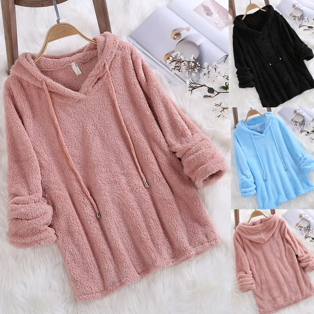 JAYCOSIN fashion ladies long-sleeved soft plush pullover sweatshirt solid color warm casual hooded sweatshirt autumn winter