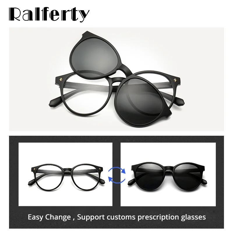 Ralferty 5 в 1 круглые скрепки на очки поляризационные UV400 женские анти-синие магнитные солнцезащитные очки для вождения Оптические солнцезащитные очки оправа